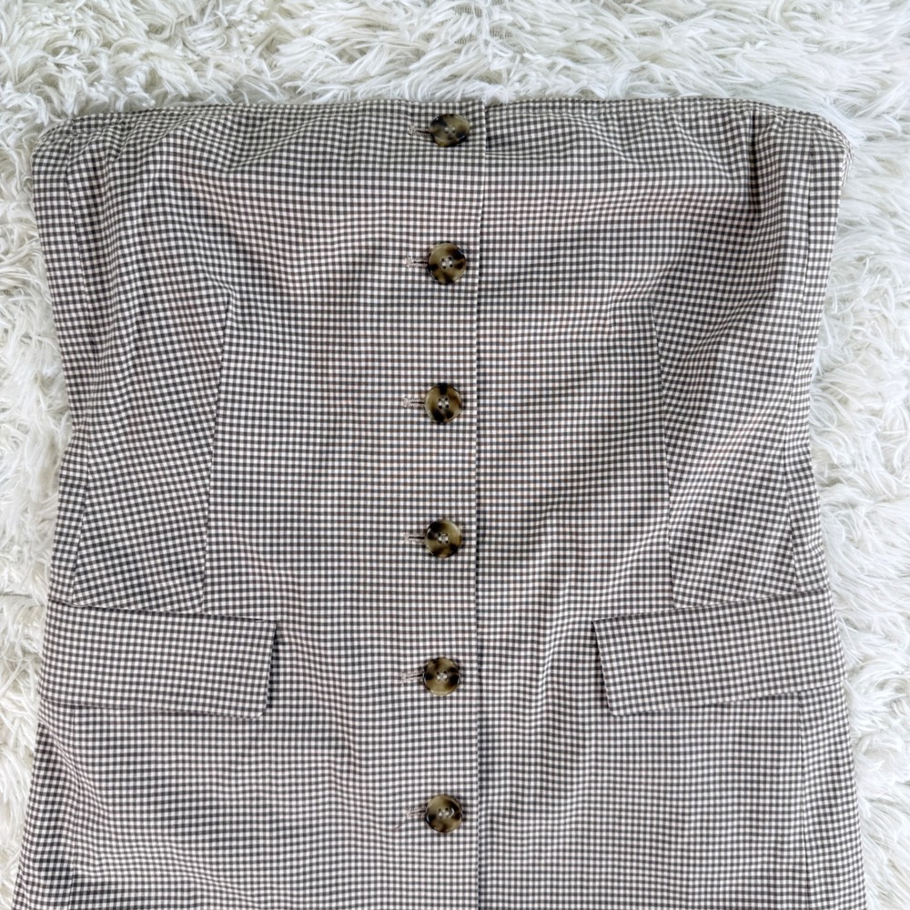 Vintage Theory Strapless Gingham Button Front Dress Brown White Silk Size 10 - Picture 3 of 13